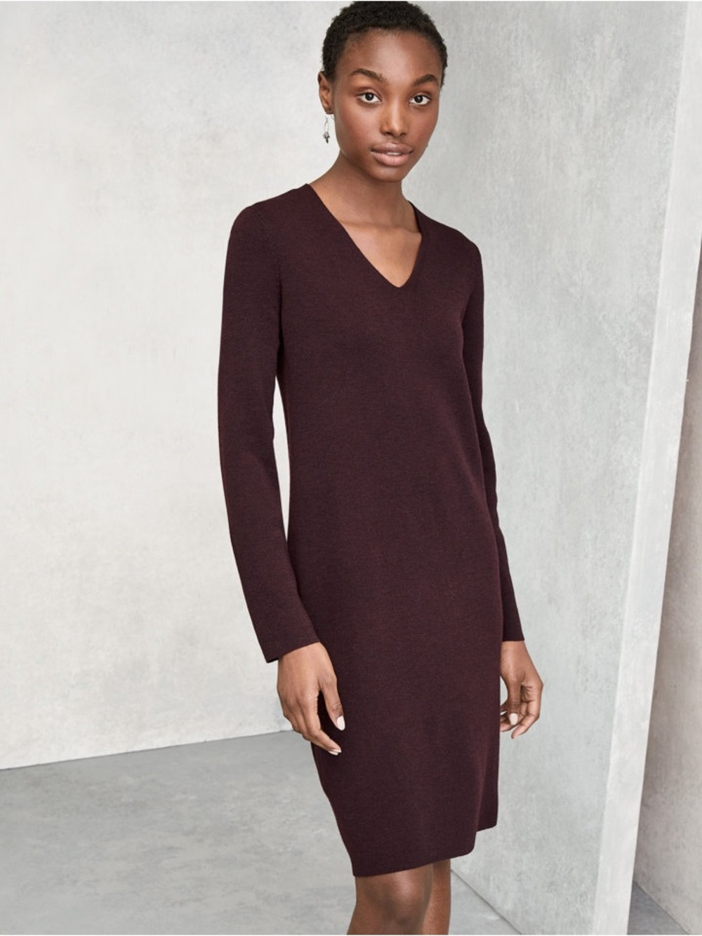 Eileen Fisher Merino Wool V- Neck Sweater Dress Burgundy